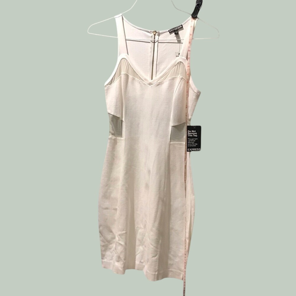 Express Classic White Bodycon Sleepless Sheath Dress with Mesh Accent & Back Zip - Picture 11 of 13